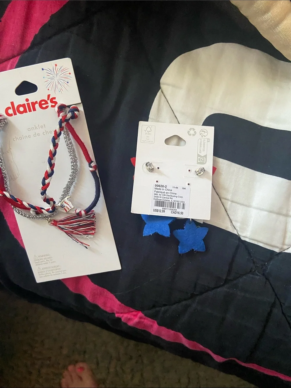 Claire's Red, White & Blue Star Earrings and Braided Anklet Set